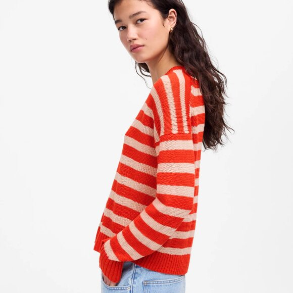 Madewell Linen Drop Shoulder Sweater Bright Flame Stripe Women’s Size XXS NWT - Picture 2 of 7